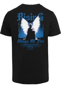 Black cotton t-shirt featuring a graphic design of a figure with large white wings against a blue background, text reads "Rising Wings of Fire."