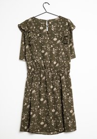 Oliivinvihreä mekko, jossa on kukkakuosi, frillahelma, joustava vyötärö ja takana avonainen aukko, valmistettu kevyestä kankaasta.