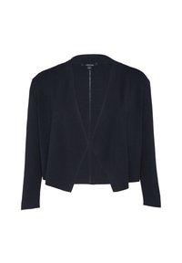 Granatowy dzianinowy kardigan z dekoltem w serek i otwartym frontem. Posiada długie rękawy i luźny krój, wykonany z miękkiego, teksturowanego materiału.