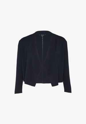 Cardigan en maille bleu marine avec col en V et ouverture devant. Caractérisé par des manches longues et une coupe décontractée, réalisé en tissu doux et texturé.