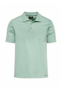 Jasnozielona koszulka polo z krótkim rękawem w paski, z zapięciem na trzy guziki i ribbowanym kołnierzykiem. Miękka tkanina o luźnym kroju.