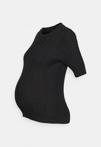 Top de maternidade preto, de manga curta, com textura canelada e padrões verticais, projetado para se ajustar sobre uma barriga arredondada. Tecido suave e flexível.