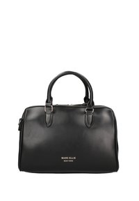 Sac à main en cuir noir avec double poignées, quincaillerie en argent et fermeture éclair. Presentant un logo doré à l'avant et un design structuré.
