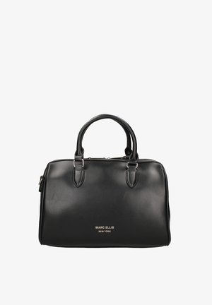 Borsa a mano in pelle nera con doppi manici, accessori in acciaio inox e chiusura con zip. Presenta un logo dorato sul fronte e un design strutturato.