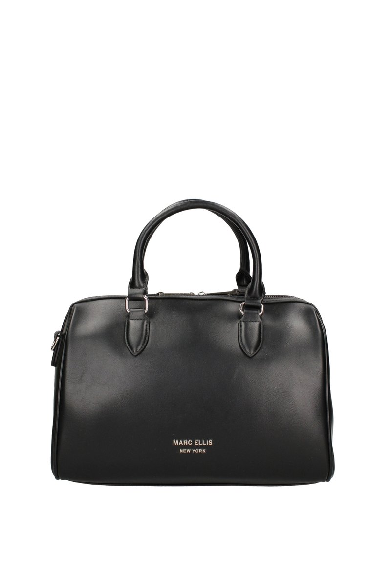 Sac à main en cuir noir avec double poignées, quincaillerie en argent et fermeture éclair. Presentant un logo doré à l'avant et un design structuré.