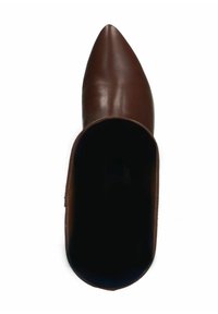 Chaussure en cuir marron à bout pointu avec une texture lisse et un design à dos ouvert. L'intérieur est sombre, mettant en valeur la silhouette épurée de la chaussure.
