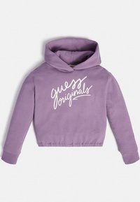 Sudadera corta morada de algodón, con un logotipo blanco de "guess originals" en el pecho. Tiene una capucha con cordón y puños acanalados.