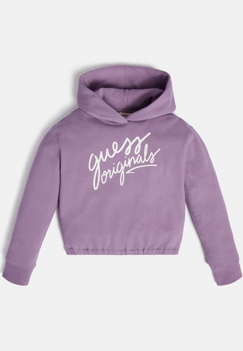Sudadera corta morada de algodón, con un logotipo blanco de "guess originals" en el pecho. Tiene una capucha con cordón y puños acanalados.