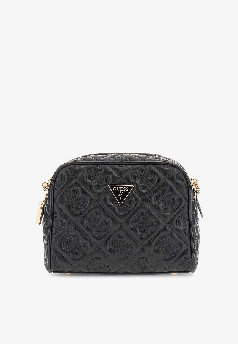 Black quilted handbag with a rectangular shape, featuring an embossed pattern, gold hardware accents, and a triangular brand logo on the front.