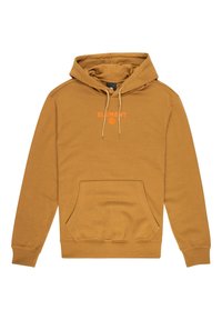 Brown hoodie made of soft cotton, featuring a front kangaroo pocket, drawstring hood, and "ELEMENT" logo in orange on the chest.