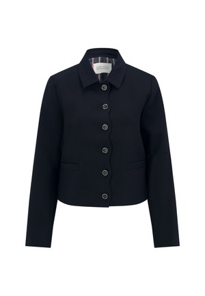 Zwarte cropped damesjas met geschulpte knopenbies, lange mouwen, kraag en twee voorste paspelzakken.