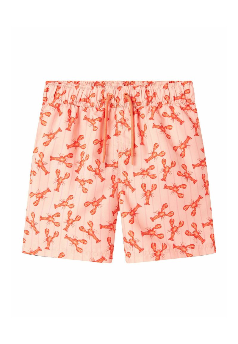 Shorts de bain en tissu rose clair avec un motif de homard rouge. Dotés d'une taille élastique avec un cordon de serrage. Texture lisse.