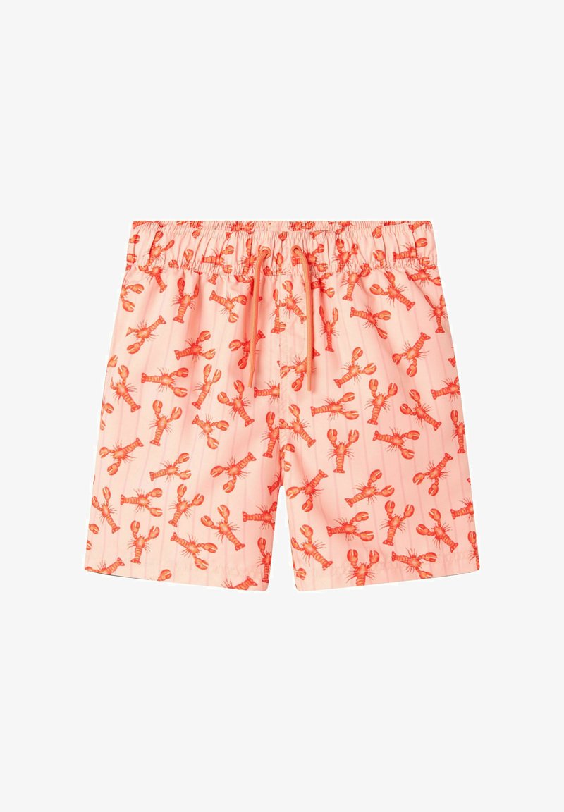 Zwemshorts van lichtroze stof met een kreeftenprint in het rood. Voorzien van een elastische tailleband met een trekkoord. Glad textuur.