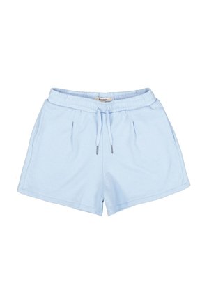 Lichtblauwe katoenen shorts met elastische tailleband, trekkoord en zijzakken, plat neergelegd op een witte achtergrond.