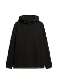 Sudadera con capucha negra, con cordón en la capucha, bolsillo tipo canguro y detalles del logo en la manga. Fabricada con un tejido suave de textura lisa.