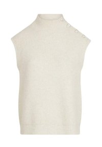 Maglione senza maniche color avorio, con texture a costine, caratterizzato da bottoni decorativi su una spalla e una silhouette aderente.