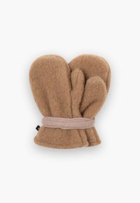 Braune Filz-Handschuhe mit einem gestrickten beigen Bündchen, ausgestattet mit einem dreiteiligen Fingerdesign, weicher Textur und abgerundeter Form.