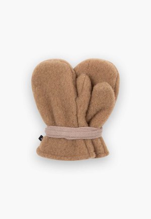 Braune Filz-Handschuhe mit einem gestrickten beigen Bündchen, ausgestattet mit einem dreiteiligen Fingerdesign, weicher Textur und abgerundeter Form.