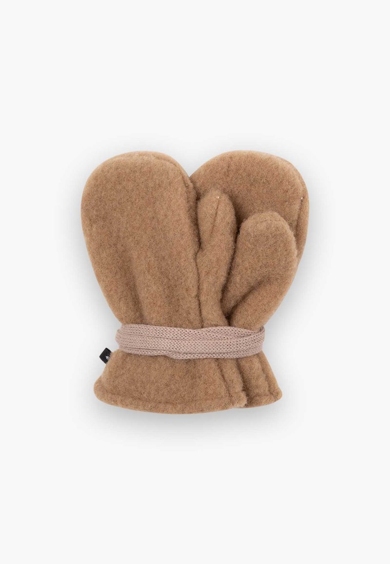 Braune Filz-Handschuhe mit einem gestrickten beigen Bündchen, ausgestattet mit einem dreiteiligen Fingerdesign, weicher Textur und abgerundeter Form.