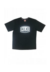T-shirt nera a maniche corte in cotone con grafica bianca "KEJO OFFICIAL JAPAN TEAM" sul davanti e colletto con motivo.