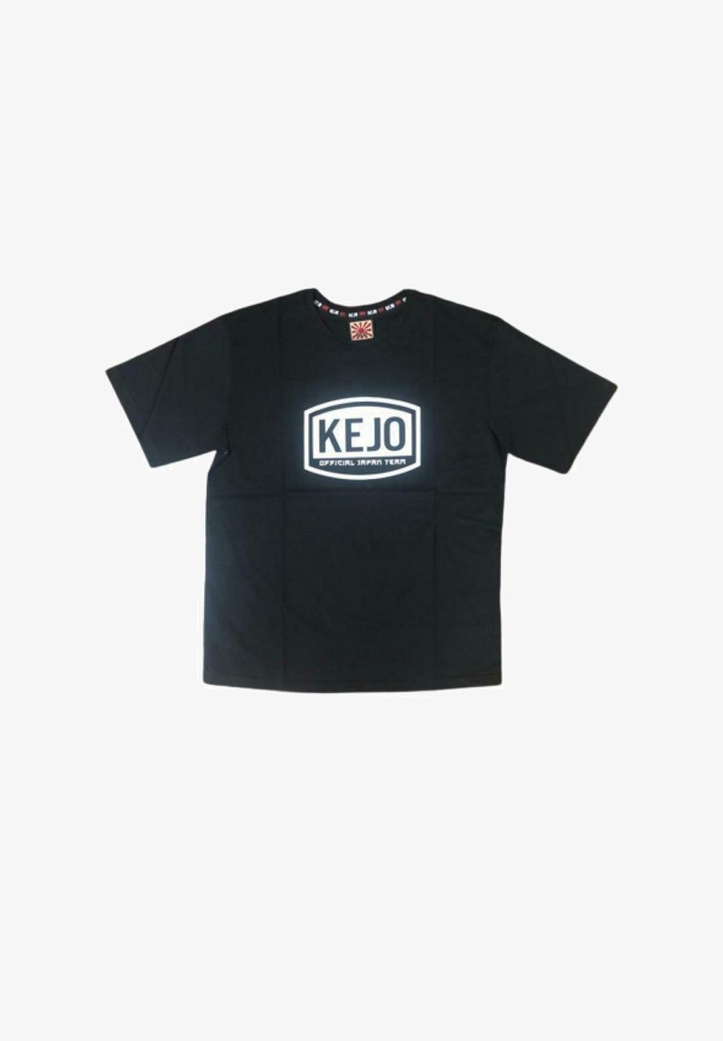 T-shirt nera a maniche corte in cotone con grafica bianca "KEJO OFFICIAL JAPAN TEAM" sul davanti e colletto con motivo.