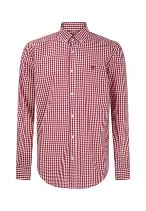 Chemise à manches longues boutonnée avec motif à carreaux rouge et blanc et petit logo brodé sur la poitrine gauche.