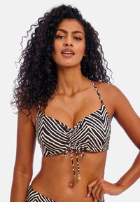 Zwart-wit gestreepte bikini top met een gerimpeld ontwerp, verstelbare banden en dunne schouderbandjes, met een gladde stofstructuur.