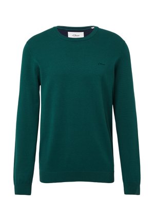 Grüner Rundhalsausschnitt-Pullover aus weichem Stoff, mit langen Ärmeln und einem kleinen Logo auf der Brust. Rippbündchen und Saum.
