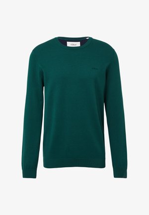 Roheline ümmarguse kaelusega sviiter, mis on valmistatud pehmest kangast, pikkade varrukatega ja rinnal väikese logoga. Ribitud varrukate ja äärega.