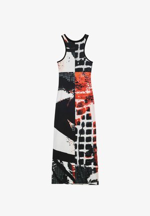 Maxi dress featuring abstract patterns in black, white, and red. Made of smooth fabric, with a sleeveless design and round neckline.
