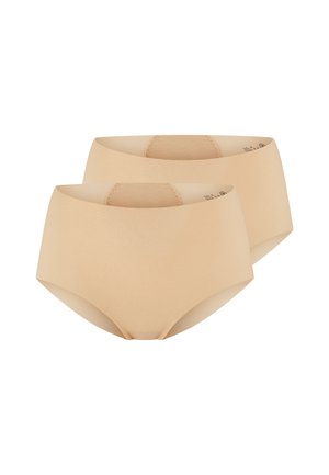Beige Hochschnitt-Unterwäsche-Set aus weichem, strukturiertem Stoff. Sanfte Kanten, keine sichtbaren Nähte und ein nahtloses Design für optimalen Komfort.