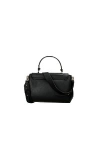 Borsa a mano nera in pelle con design strutturato, manico superiore, tracolla removibile e finitura testurizzata sottile, caratterizzata da accessori in tonalità argento.