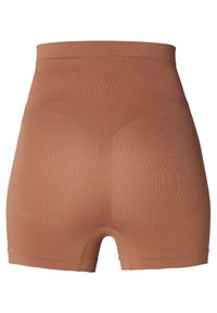 Højtaljede sømløse shapewear shorts i lysebrun med glat tekstur og midt-lår længde til kropskonturering og støtte.