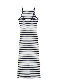 Abito senza maniche a righe con strisce blu su sfondo bianco, realizzato in tessuto morbido, con silhouette aderente e scollo rotondo.