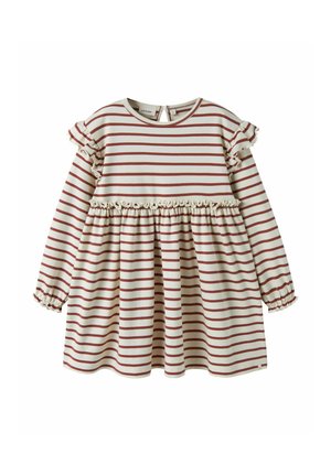 Long-sleeve child’s dress with cream and brown horizontal stripes, ruffles on chest and shoulders, elastic cuffs, and gathered waist.