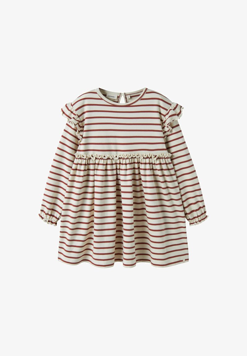 Robe enfant à manches longues avec rayures horizontales crème et marron, volants sur la poitrine et les épaules, poignets élastiques et taille froncée.