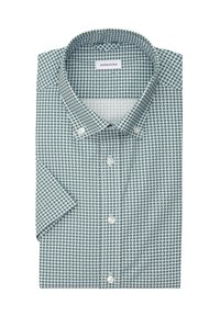 Korte mouw shirt in lichtgroen met donkere geometrische patronen, met een button-down kraag en witte knopen. Gemaakt van ademend materiaal.