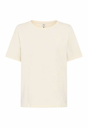 Crèmewit T-shirt met korte mouwen, subtiele bloemrijke borduursels langs de rechterzijde en een ronde halslijn.