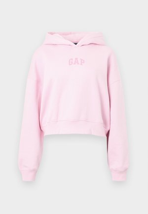Helle rosa Cropped-Hoodie aus weichem Material, mit Kapuze, fallenden Schultern und einem dezenten GAP-Logo in der Mitte.