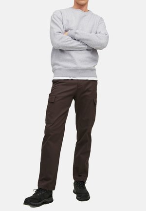 Grå sweatshirt med rund hals, parret med brune cargo bukser med sidelommer. Sorte sko fuldender outfittet.