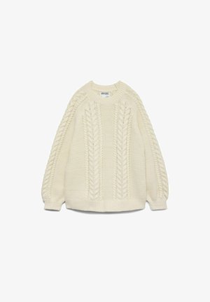 Kreemi värvi kootud sviiter, millel on koonusmustri, ümmargune kaelus ja pikad varrukad, millel on soonikkoes pahkluu ja alläär.