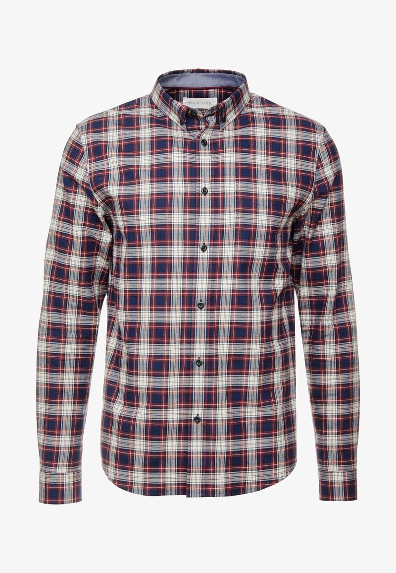 Chemise homme à manches longues avec boutons, motif à carreaux rouge, bleu marine et blanc, et col boutonné.