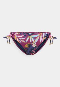 Bas de bikini avec un motif floral en violet, rose et bleu. Comprend des côtés avec cordons de serrage et accents dorés. Tissu extensible, coupe taille basse.