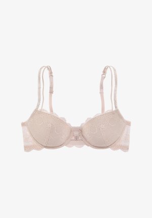 Spitzen-BH in hellbeige mit gewellten Kanten. Verfügt über geformte Cups und verstellbare Träger. Zartes Blumenmuster über das gesamte Material.