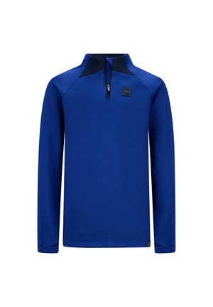Blauwe langemouwen pullover van textuurstof, met een half-rits kraag en een marineblauwe accent op de halslijn, voorzien van een klein logo op de borst.