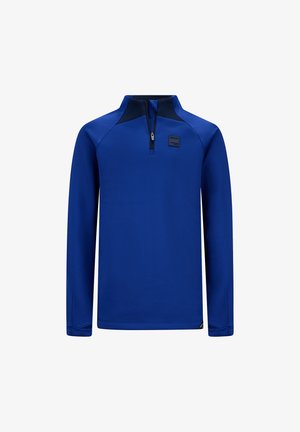 Blauwe langemouwen pullover van textuurstof, met een half-rits kraag en een marineblauwe accent op de halslijn, voorzien van een klein logo op de borst.