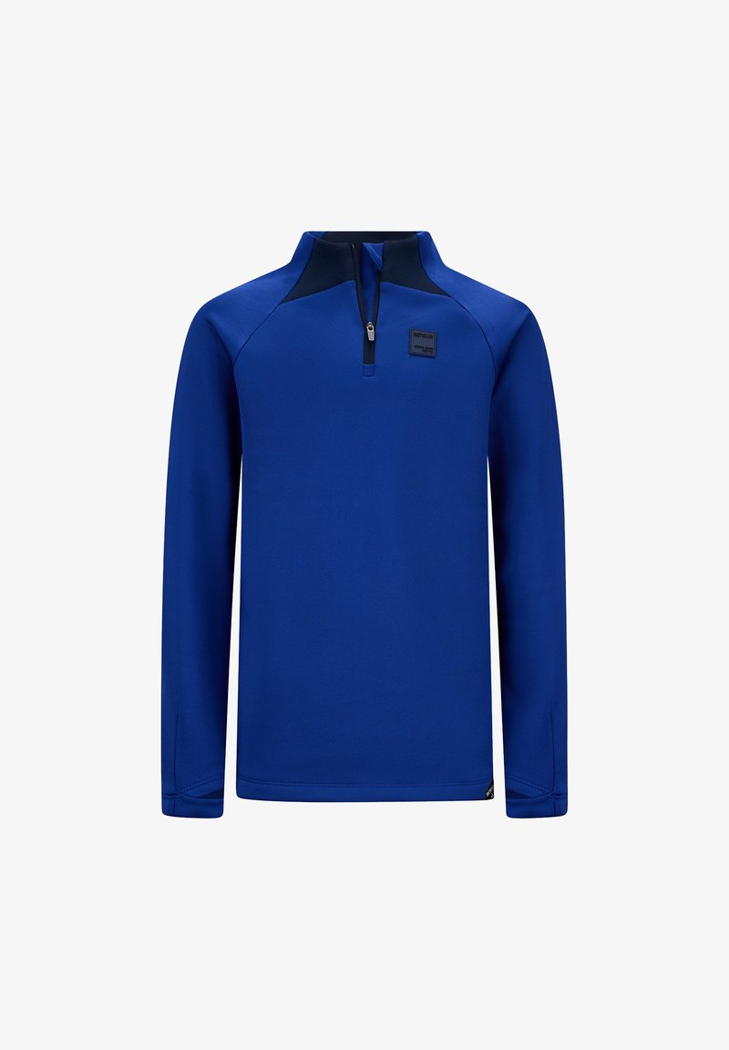 Pullover blu a maniche lunghe realizzato in tessuto testurizzato, con colletto a mezza zip e un accento blu navy sul collo, completato da una piccola patch con logo.