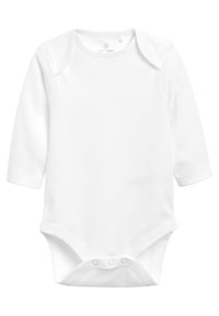 Body bébé à manches longues en tissu doux et blanc, avec un col rond, une fermeture à pression en bas et une légère élasticité pour le confort.