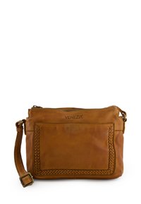 Brown leather crossbody bag with a woven accent, zip closure, adjustable strap, and embossed brand name on the front.