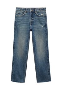 Jeans de mezclilla azul claro con corte recto, que cuentan con dos bolsillos delanteros, un bolsillo trasero y ligeros detalles de desgaste y desvanecimiento.